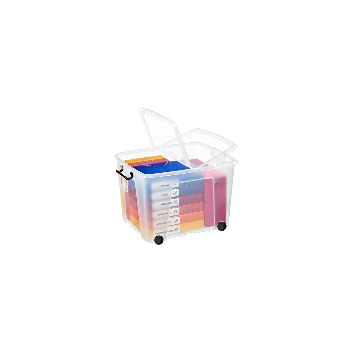 Plastic box STRATA clear with lid, wheels 75L