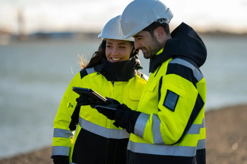 Two workers in hi-vis jackets and hard hats reviewing tablet at outdoor work site