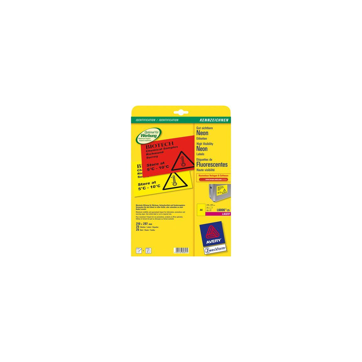Label AVERY neon yellow 210x297mm 20/pc