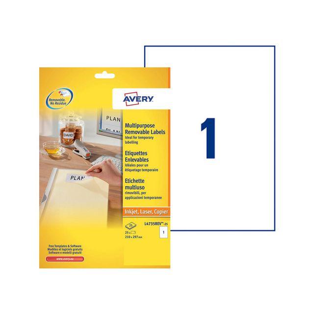 Label AVERY removable 210x297mm 30/pc