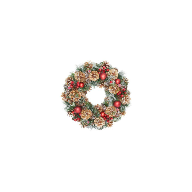 Door wreath with pine cones & red berries 34cm